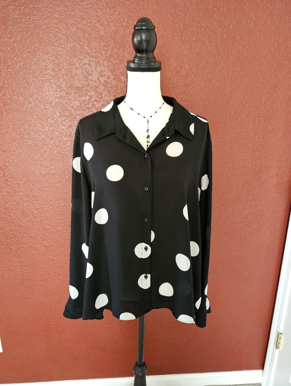 INC International Concepts Black Button-Down Shirt with White Polka Dots